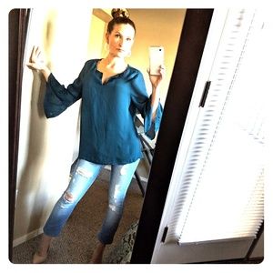 Blue Rain Teal Green V-Neck Bell Sleeve Blouse M